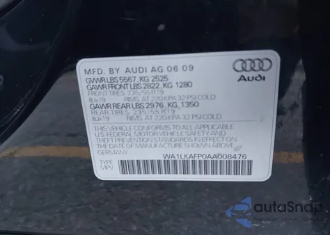 2010 Audi Q5 3.2 Premium из США, поврежденный, VIN WA1LKAFP0AA008476